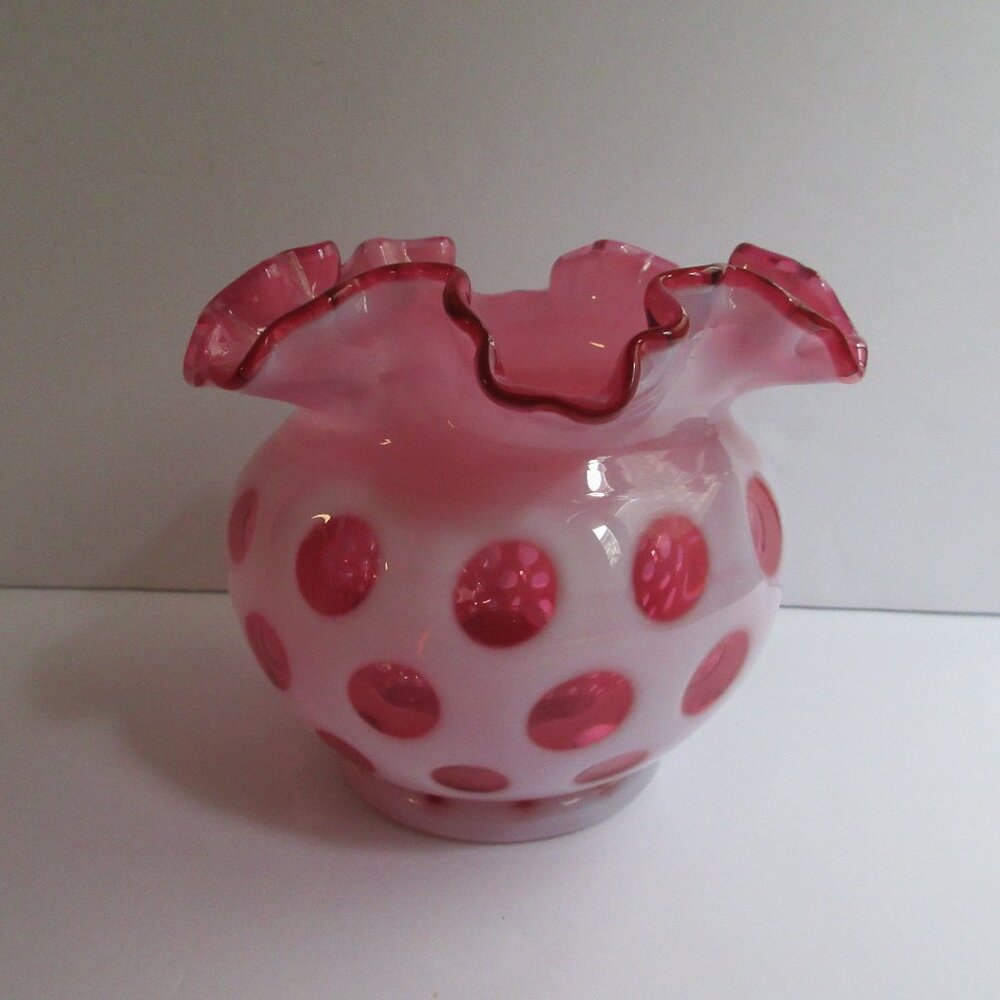 Fenton Opalescent Cranberry Red Pink Double Ruffled Coin Dot Vase Bowl 5" Vtg